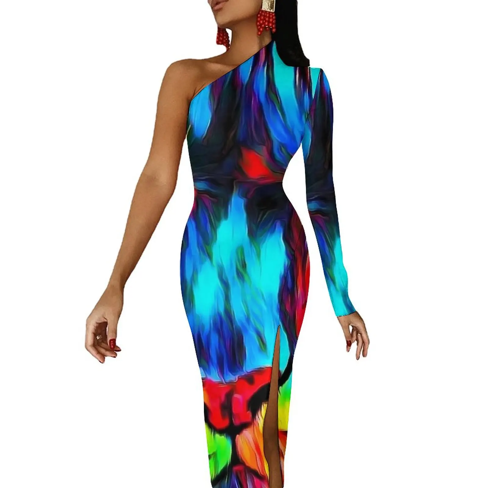 Tger Look Art Painting Bodycon Dress Summer Abstract Animal Retro High Slit Long Dresses One Shoulder Custom Aesthetic Dress