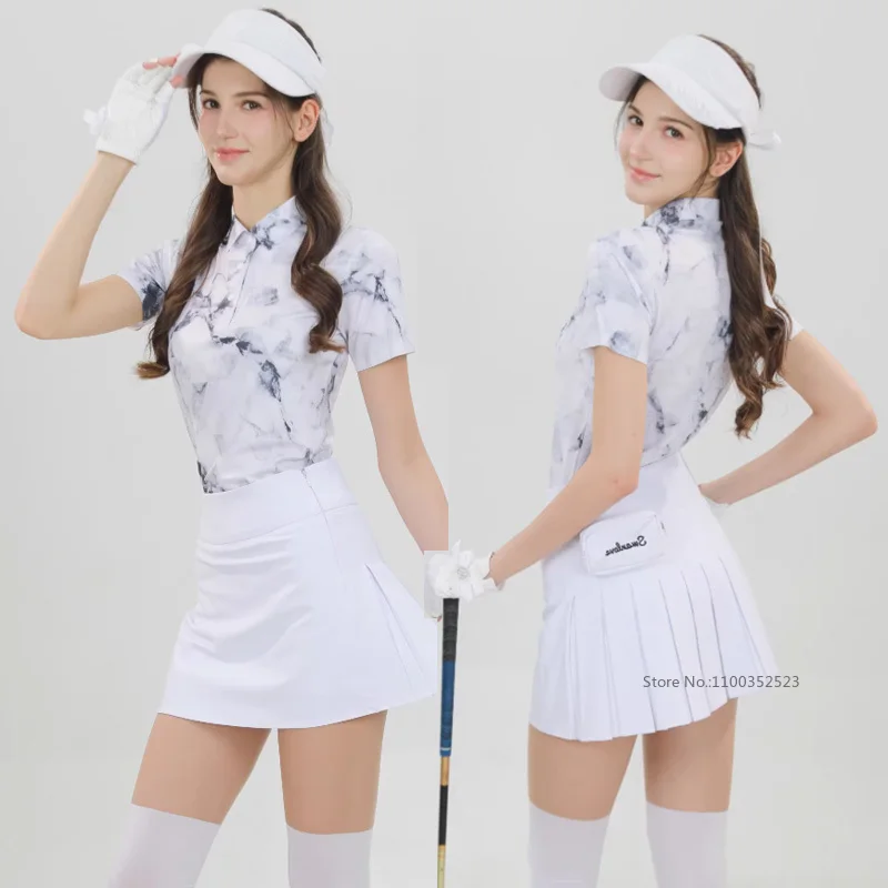 

Женская летняя футболка-поло SG Golf с коротким рукавом, быстросохнущая, с принтом, и женская плиссированная спортивная юбка-шорты для отдыха