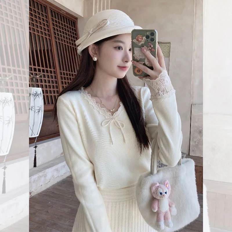 

White Knot V-Ne Lace Splice Knitted Top Women's Slim Fit Winter Sweater Inner irt Base Layer Commute Sle