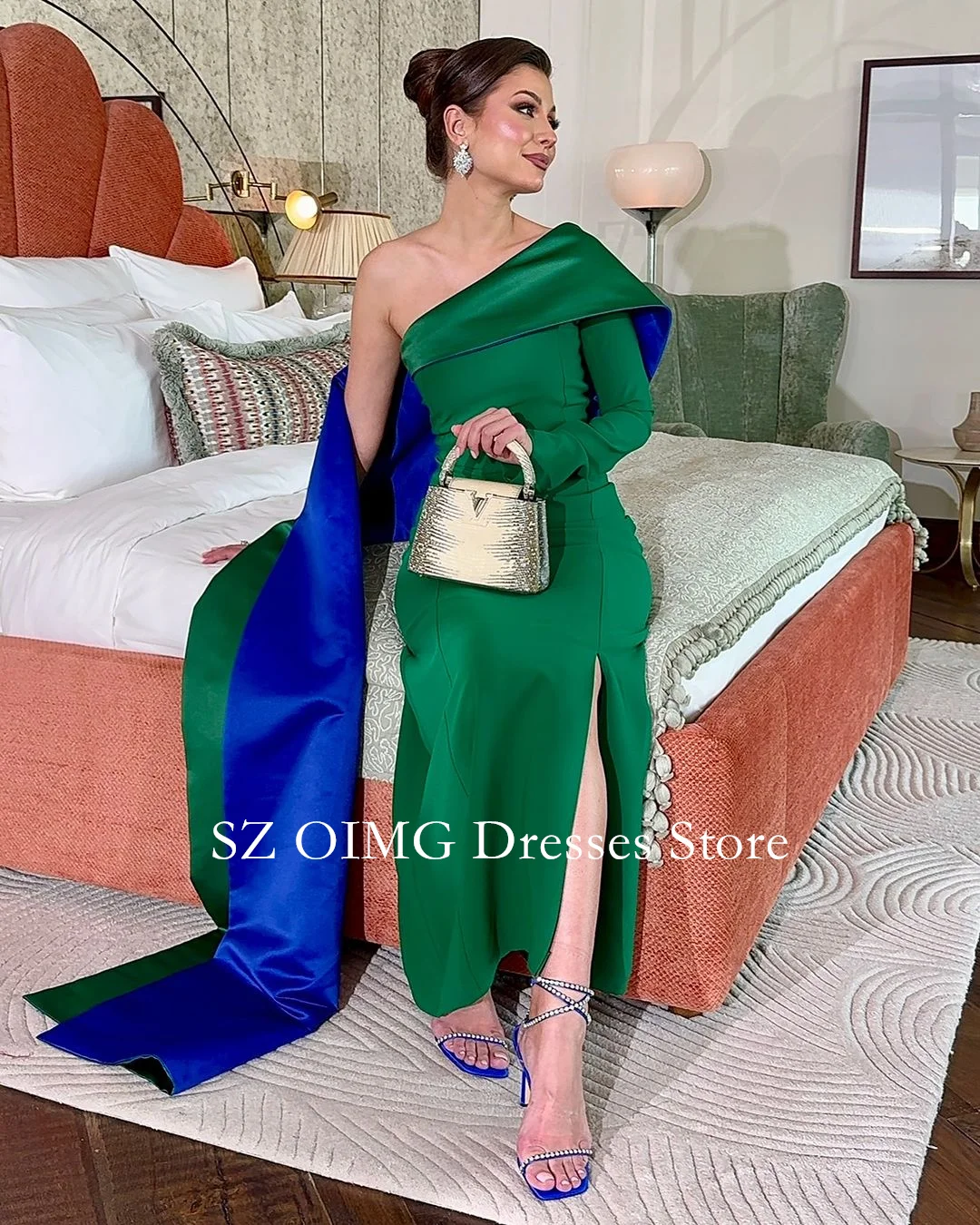 

OIMG Saudi Arabia Crepe Satin Prom Dresses One-Shoulder Dress Green Color Dress Formal Women Wedding Party Gowns Customized