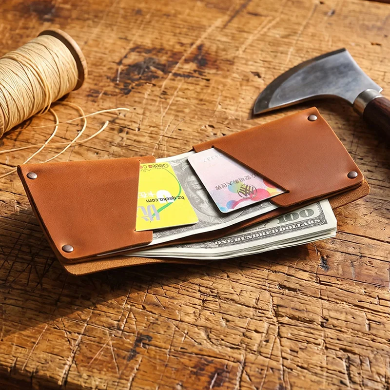 Seamless Leather Wallet Stitchless Minimalist Card Holder Vintage Top Grain Cowhide Short Bifold Rivet Purse for Men
