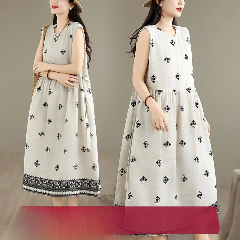 

Новое хлопково-льняное платье без рукавов с круглым вырезом для весны и лета, свободного кроя, элегантное, для повседневной носки, оригинального льняного цвета, художественное, женское, средней длины