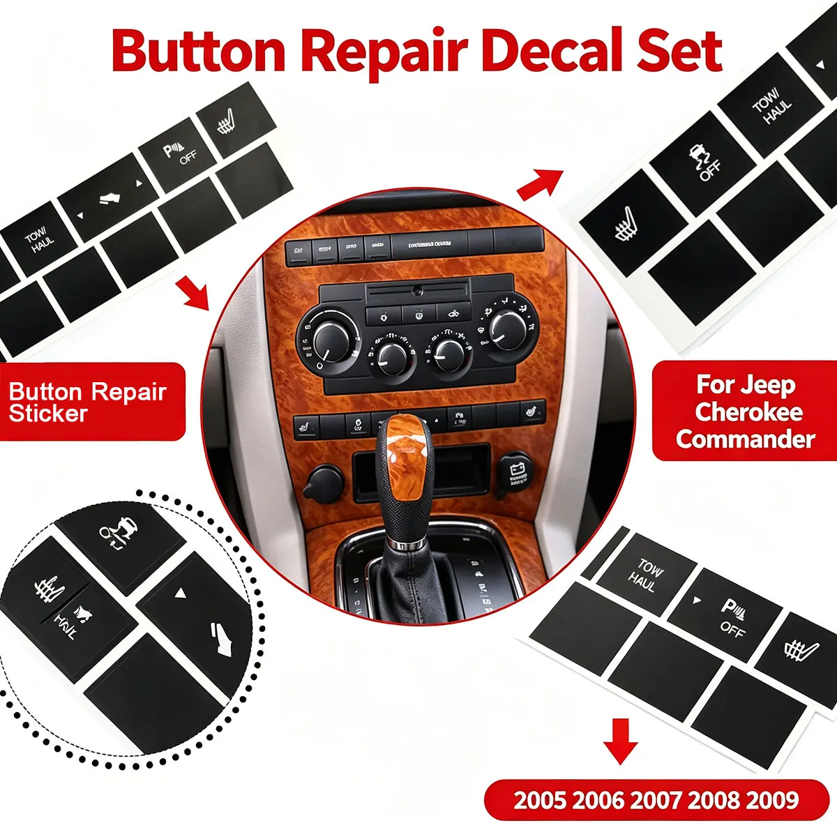 Car Sticker For Jeep Cherokee Commander 2005 2006 2007 2008 2009 Heated Seat & Traction Button Repair Stick Overlay Decals Black