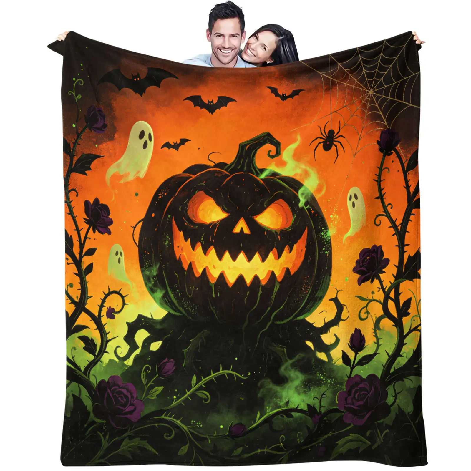 Halloween Flannel Throw Blanket Scary Evil Pumpkin Ghost Bat Spider Dark Purple Rose Green Mist Print Soft Warm Flannel Blanket