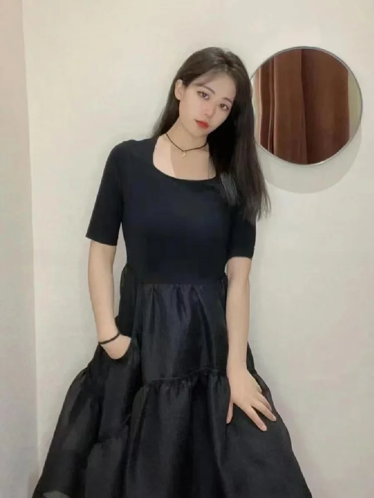 Ele Bla Średniej Długości Dzianinowa Spódnica Damska z Wysokim Stanem w Kształcie Litery A Letnia Nowa Krótka Spódnica z Okrągłym Dekoltem