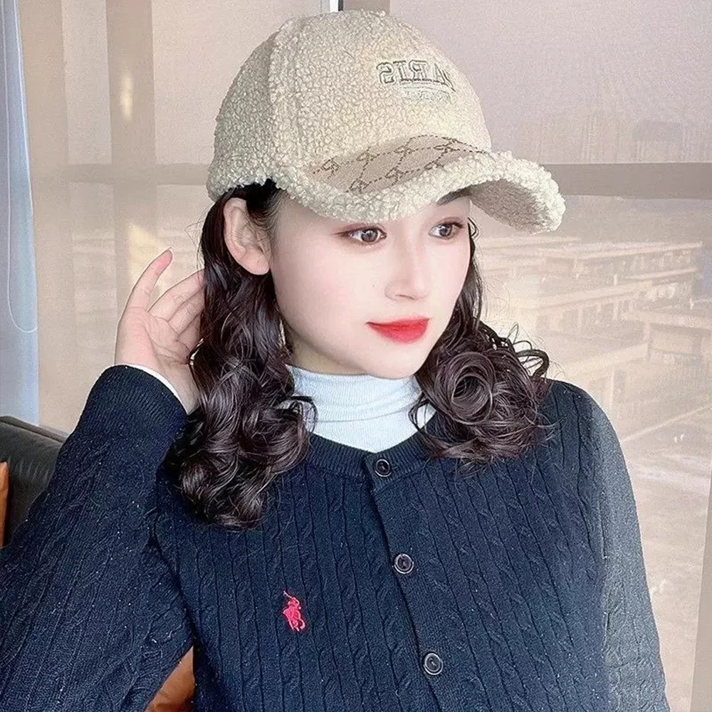Synthetic Curly hairWarm Baseball Cap Hat Wig Fashion Hat Hair Extensions Wig for girls with Heat Resistant Hairpiece