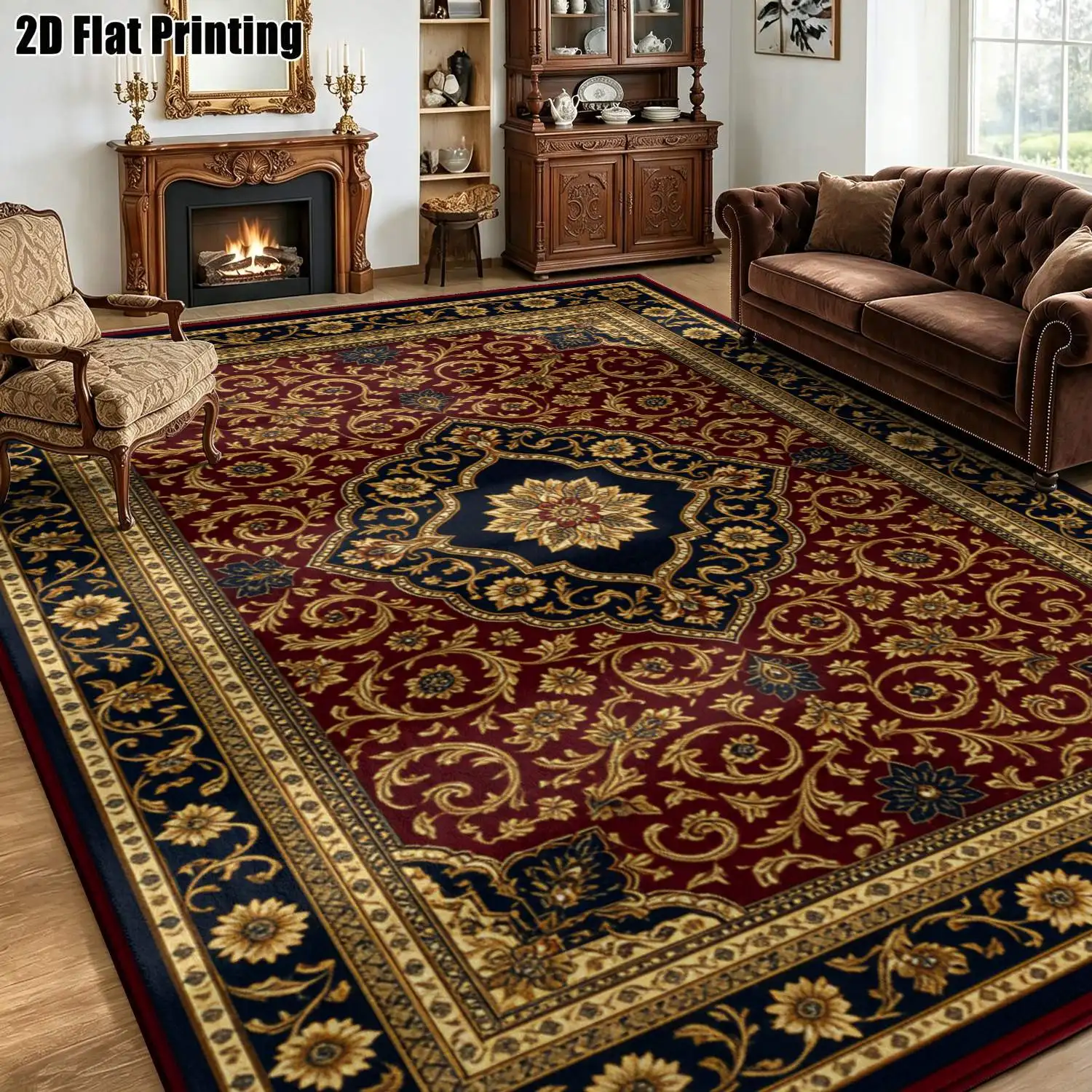 1Pc 2D Printed Carpet: Red Base, Gold Patterns, European/Retro/Bohemian Geometric Style, Home Decor, Multiple Sizes, Machine Washable, for Entrance, Dining, Foyer, Living Room, Bedroom
