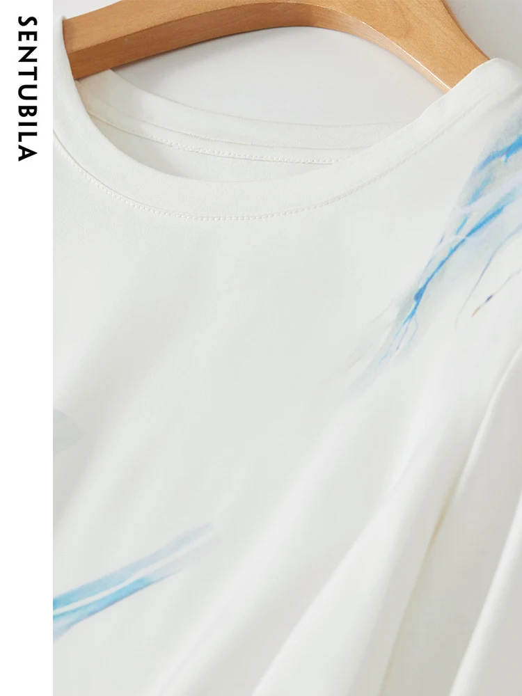 SENTUBILA 100% Cotton Long Sleeve White T-Shirt Women 2024 Spring Fashion Crew Neck Abstract Printed Tshirt Womens Top 133T50930