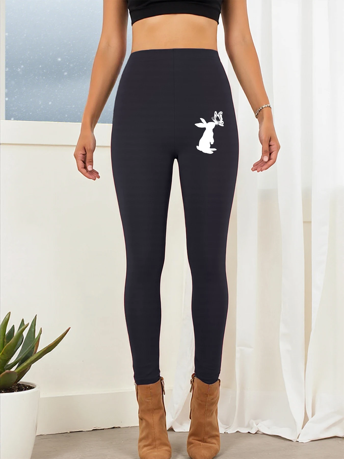 Leggings stampati con farfalla e coniglio in piedi Donna Addensare Pantaloni alla moda Allenamento Abbigliamento sottile Collant comodi per capispalla