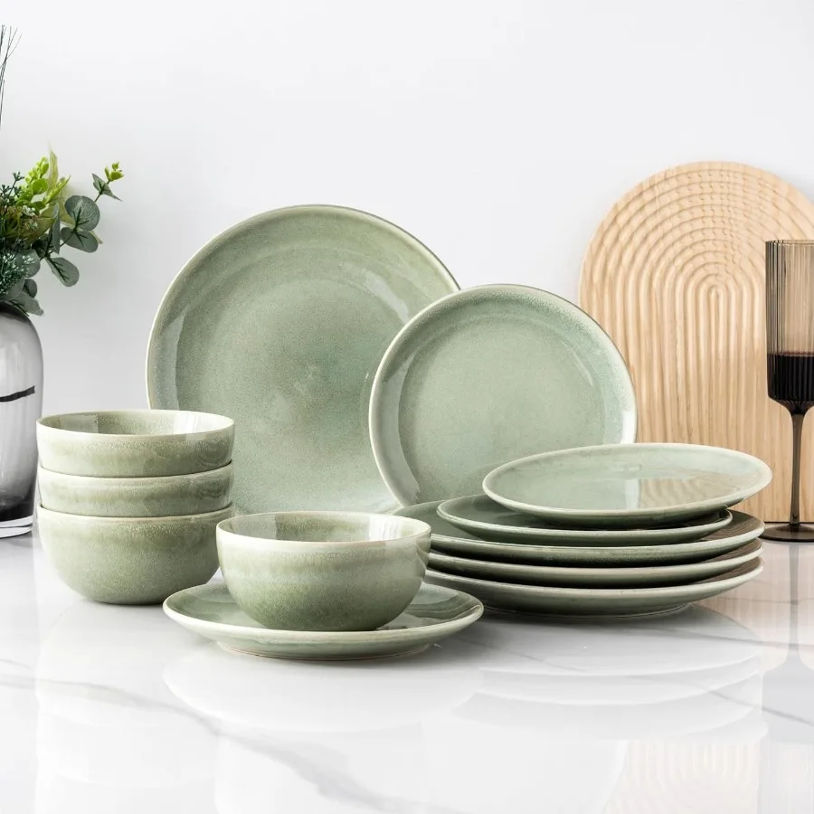 Ceramic Dinnerware Sets for 4 12 Pieces Handpainted Plates and Bowls Set Scratch Resistant Stoneware Dishes Set Dishwasher and
