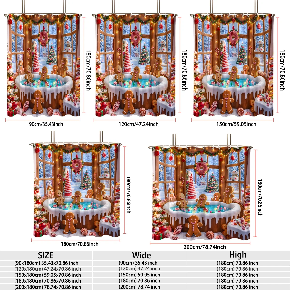 1PC Christmas Gingerbread Man Winter Spa Scene Shower Curtain Waterproof Shower Curtain Partition Privacy Hanging Curtain