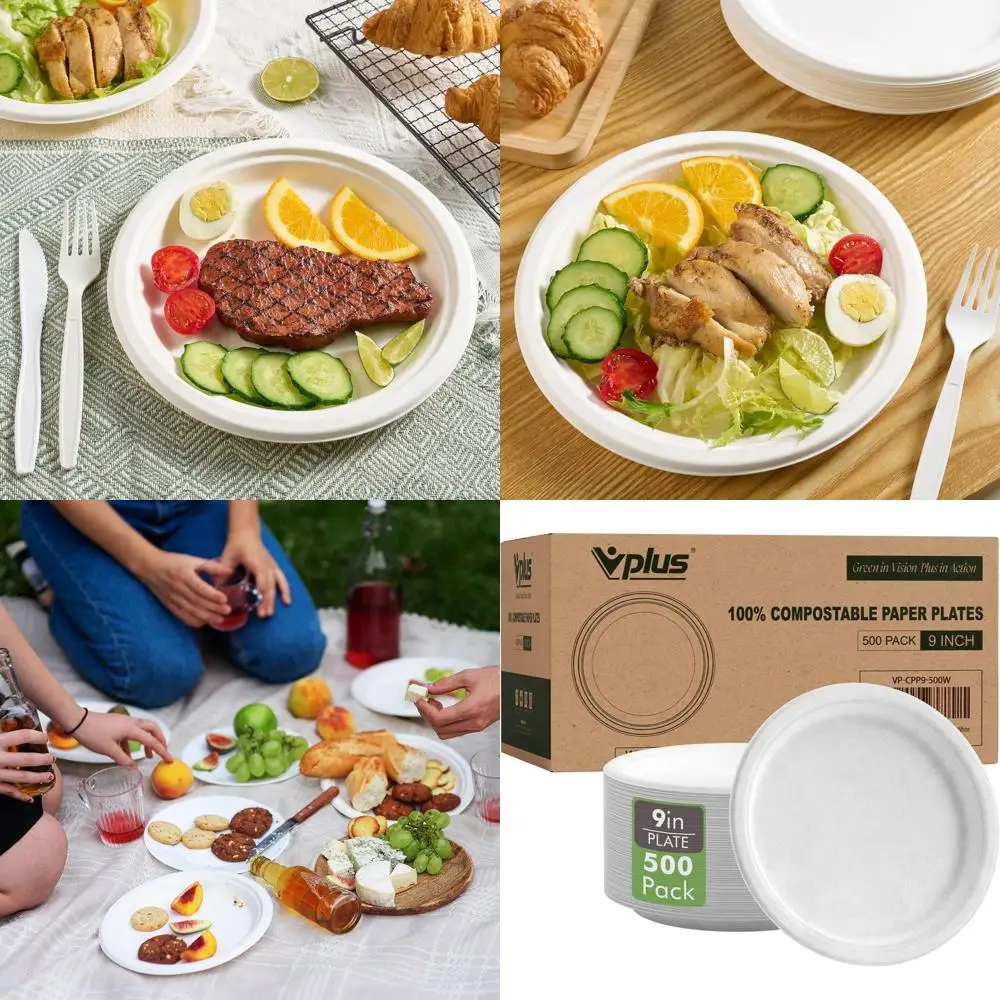 

9-дюймовые компостируемые тарелки из прочной бумаги, 500 штук, экологически чистый материал из сахарного тростника, натуральный белый цвет