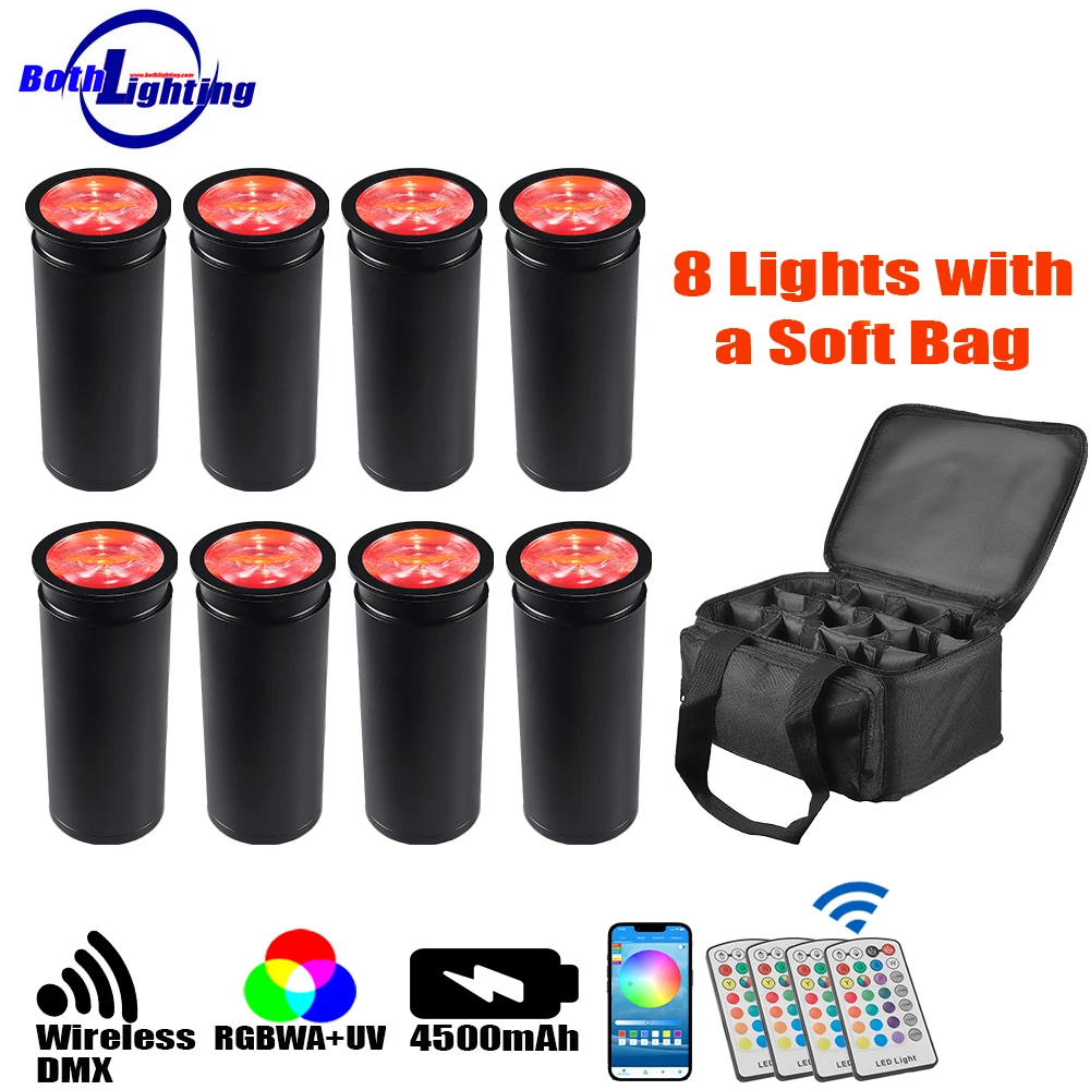 8pcs with Bag Mini Chroma Cannons RGBWA UV 6in1 Can RF Remote Light Wireless DMX Battery 15W Battery DJ Stage Uplight