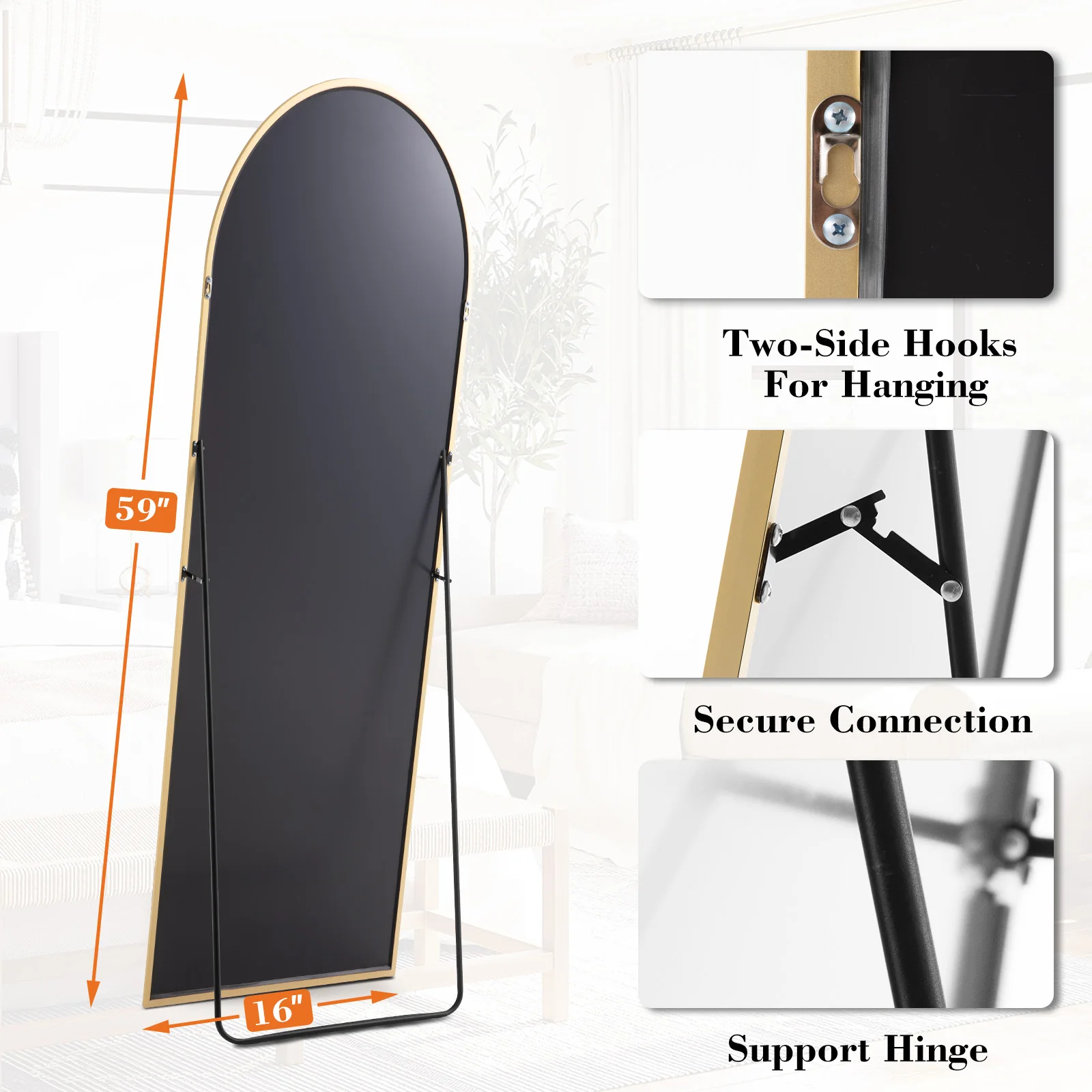 MCQ 59x16 Inch Rectangle Arched Full Length Mirror with Stand Full Body Wall Mounted Aluminum Alloy Frame Mirror Modern Wall Mount Vanity Mirror for Home