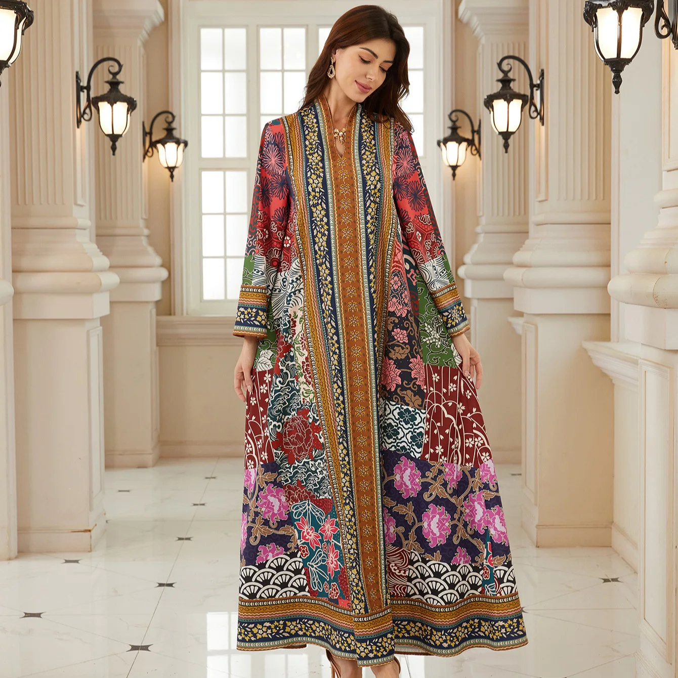 

Ид Абая женское праздничное платье с v-образным вырезом Джалабия с цветочным принтом мусульманское Дубай Vestidos Largo Рамадан Марокко молитвенный кафтан халат 2026