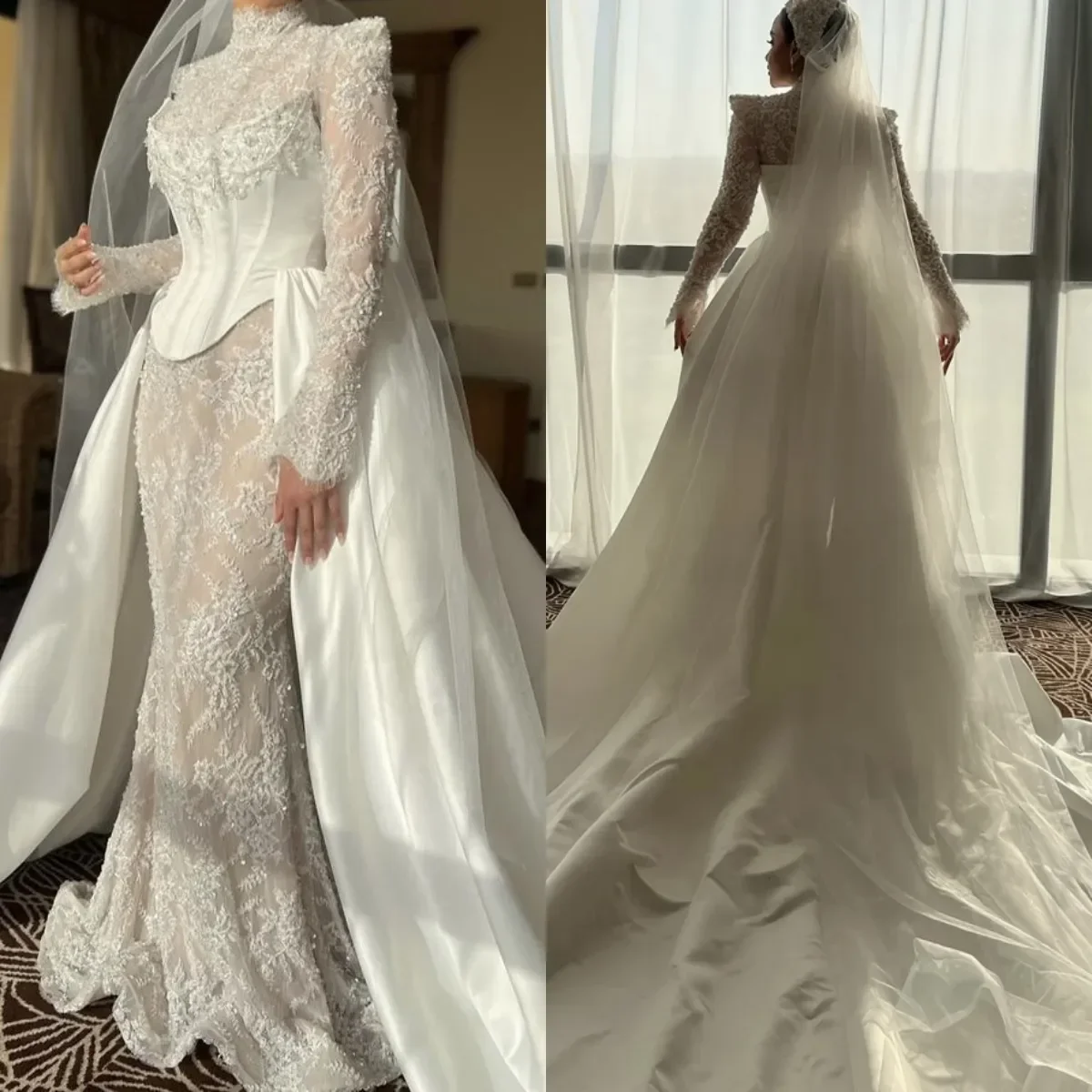 

Elegant Mermaid Lace Crystal Decal Women's Wedding Dress Sexy High Neck Waist Detachable Bridal Dress Vestido de NoviaCustomized