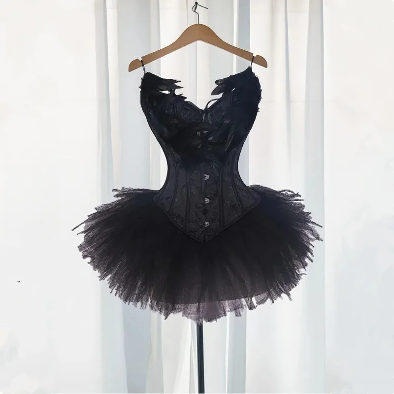 Swan Half-Body Puff Skirt + Lace Jacquard Fitted Corset Dress And Spice Girl Stage Performance Outfit