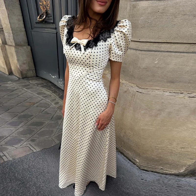 Black Lace Patchwork Short Sleeved Casual Dress Retro Ladies O Neck Commuting Long Dress Polka Dot Print Slim Fit Banquet Dress