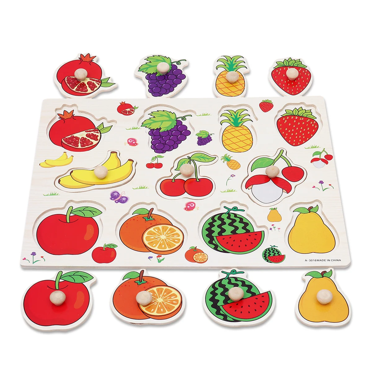 ชุดตัวต่อไม้ 2 ชิ้น รูปผลไม้และผัก จับง่าย เหมาะสำหรับเด็กเล็ก ฝึกทักษะการเคลื่อนไหวกล้ามเนื้อมัดเล็ก รูปทรงต่างๆ