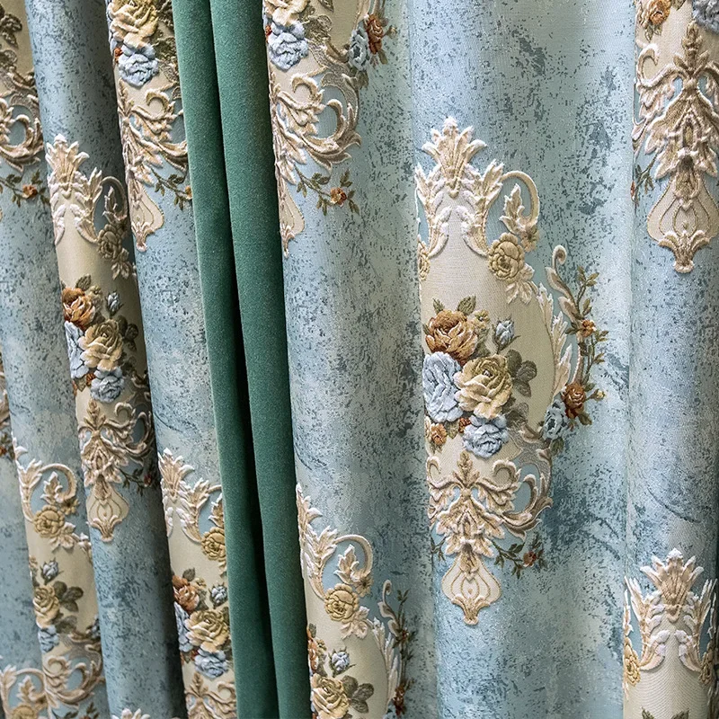 High Grade Light Blue Relief Jacquard Curtains for Living Room Bedroom Villa French Window Custom Embroidered Window Screen