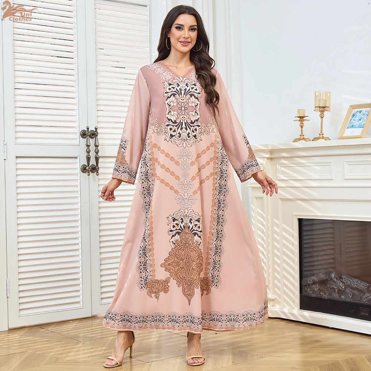 

Uni Fashion Kaftan Abaya For Islam Muslim Woman V-neck Floral Print Dresses Dubai Moroccan Turkish Elegant Robe Jalabiya