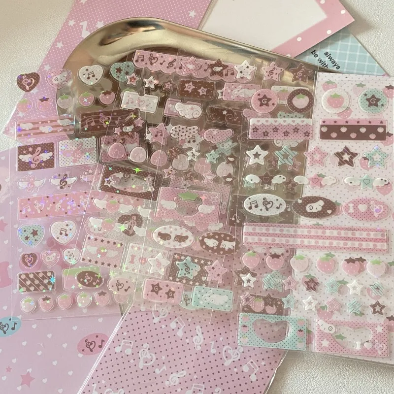 Korean Style Pink Brown Music Note Strawberry Star Glitter Film Scrapbooking Stickers Cute Deco Decal for Phone Case Journal