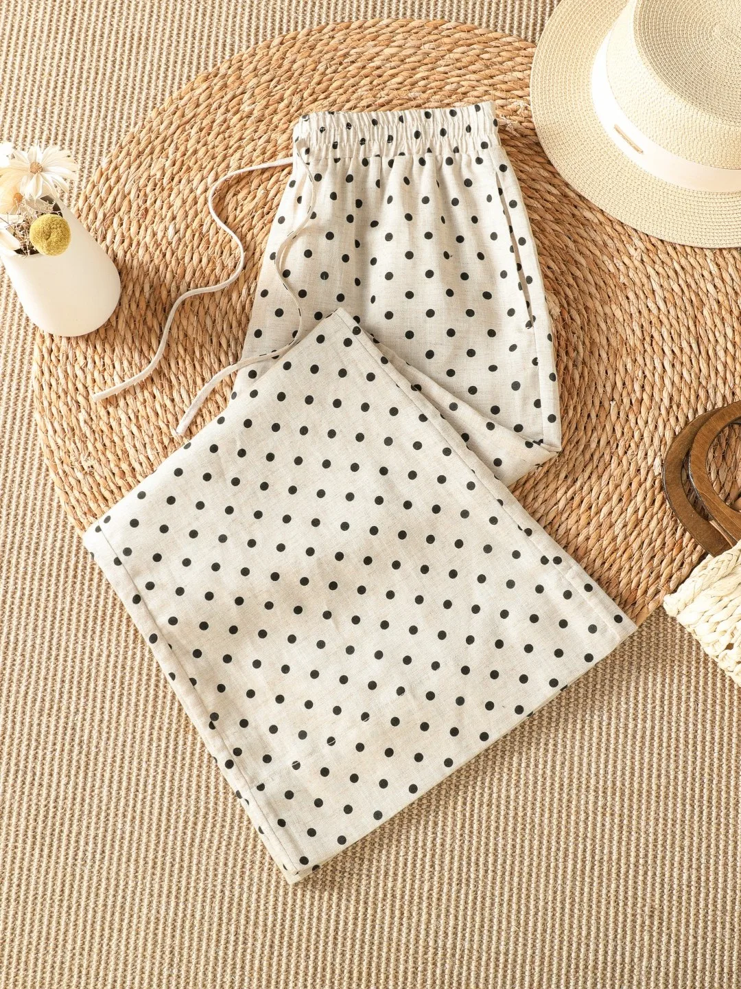 Loose Cotton Linen Polka Dot Wide Leg Micro Flared Pants Women Summer Autumn Thin Versatile Small Size Casual Nine Point Pants