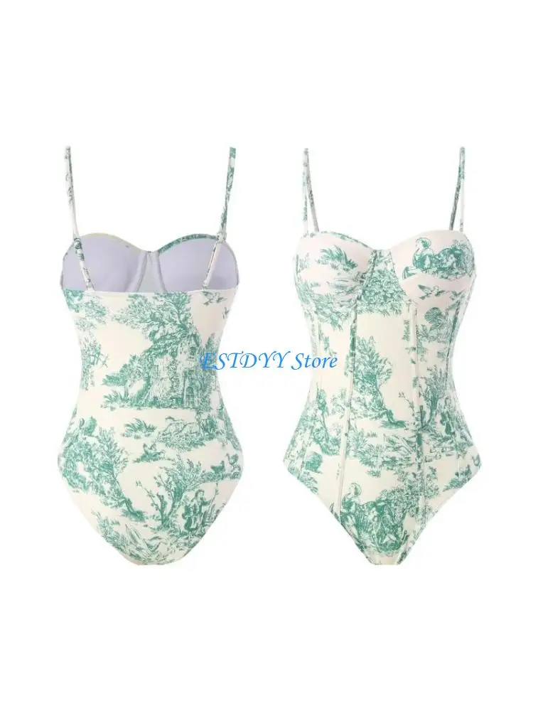 G6DE Women Conjoined Halters Back Swimming Low Waist Swimwear Padded Swimsuit Bra Swimwear Push Up Beachwear Print  Swimsuit