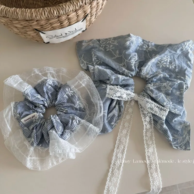 

Embroidery flower fresh blue striped large intestine hair band female tie ball head hair rope gentle versatile