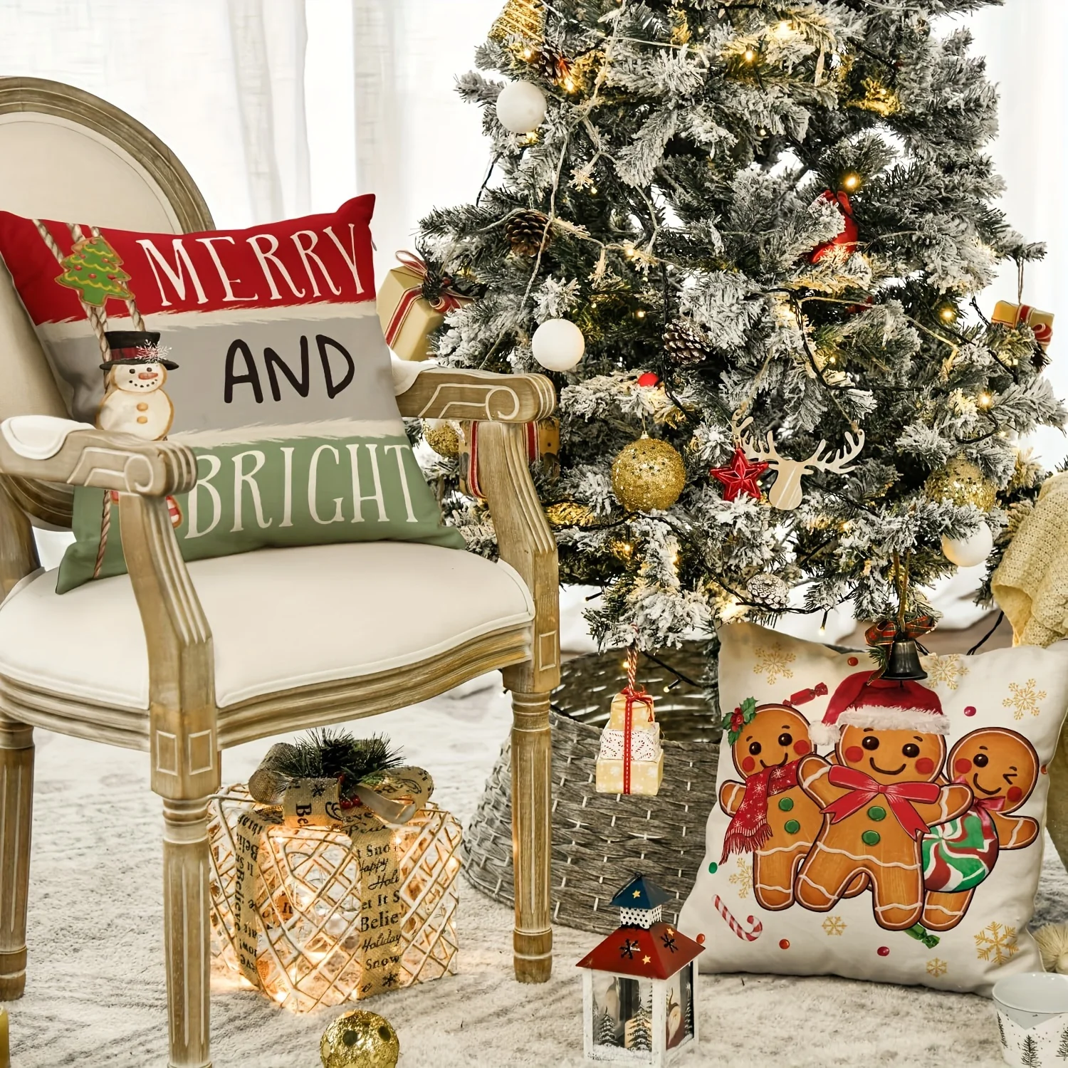 4-Pack Christmas Throw Pillow Covers, 16x16/18x18/20x20 Inches, Merry Bright Gingerbread Man & Snowflake Design