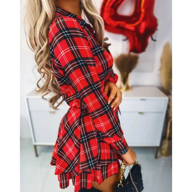 여성의 섹시한 셔츠 드레스 여름 가을 최신 격자 무늬 프린트 묶인 계층화 된 드레스 턴 다운 칼라 긴 소매 단추 바디 슈트