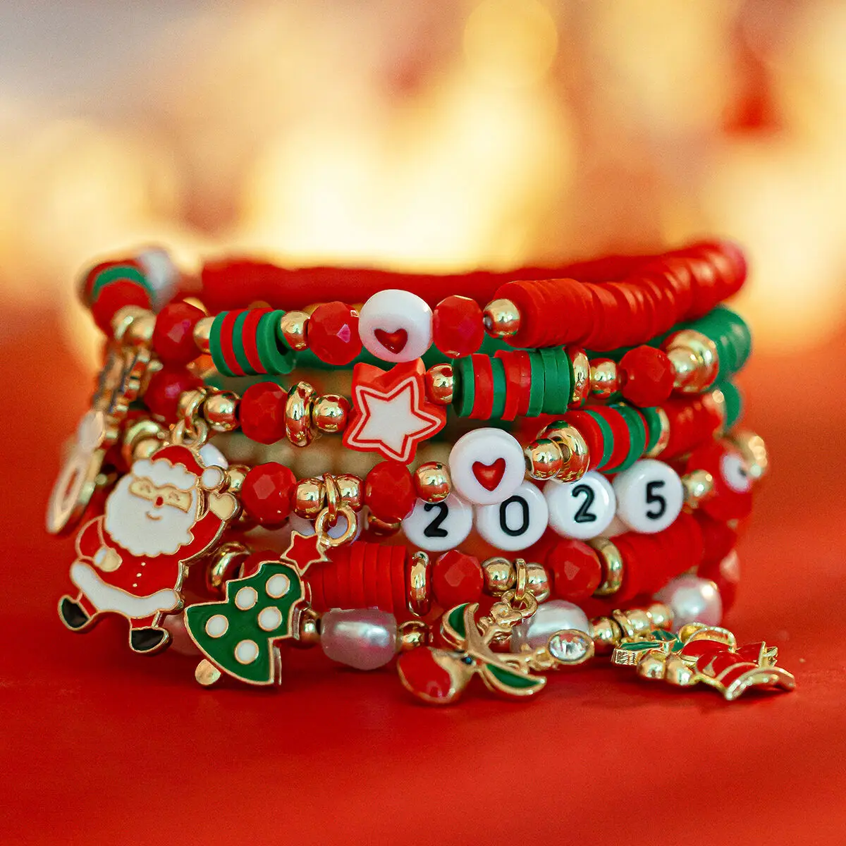 KunJoe 5pcs/set Cute Christmas Bell Snowflake Pendant Bracelet Women Colored Crystal Beads Adjustable Elastic Bracelet Jewelry