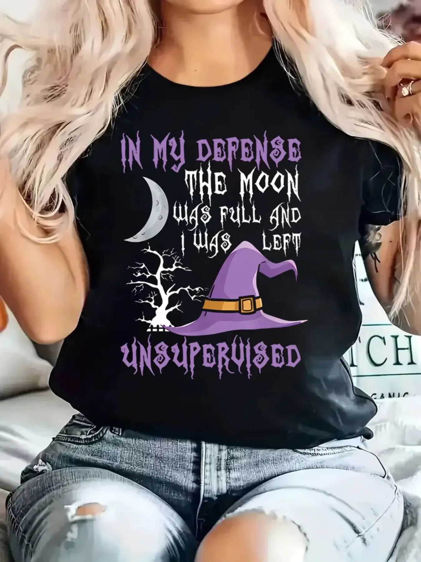 Women's Halloween T-Shirt When The Moon Is Full I Defend Wizard Hat and Bat Design Bright Red Casual Tops with Purple Letters