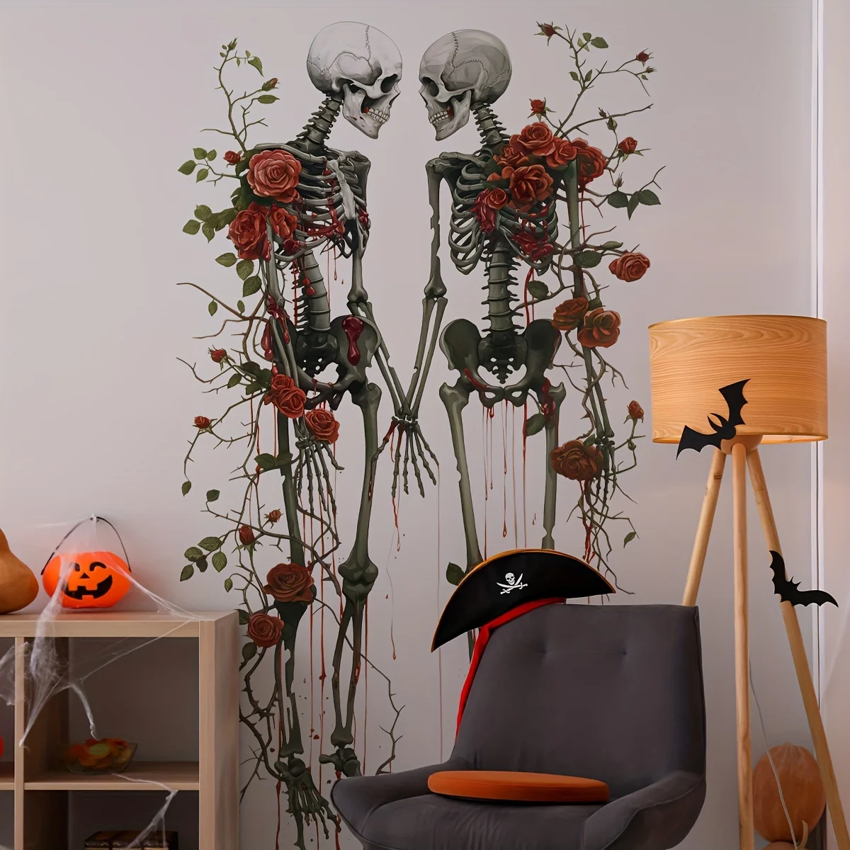 2 Sheets Bat Skull Rose Halloween Wall Stickers Self Adhesive Gothic Decals for Living Room Bedroom Sofa Background Home Decor