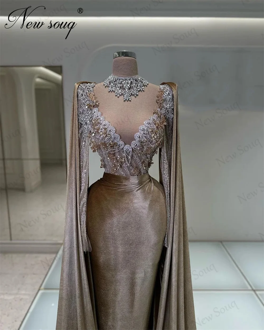 Robe de Soirée de Forme Sirène en Velours avec Manches Cape pour Femme, Tenue Luxueuse avec Perles, Style Moyen-Orient, Dubaï, pour Cocktail, ixd'Anniversaire, Quelle que soit la Robe