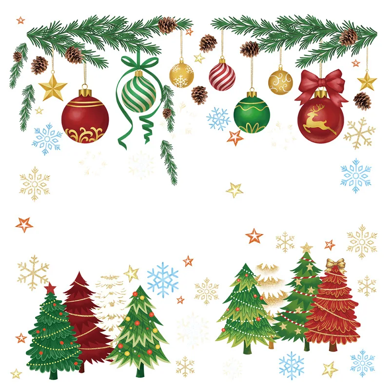 Christmas Decoration Window Static Sticker Christmas Branch Pine Cone Pendant Hanging Ball Glass Sticker