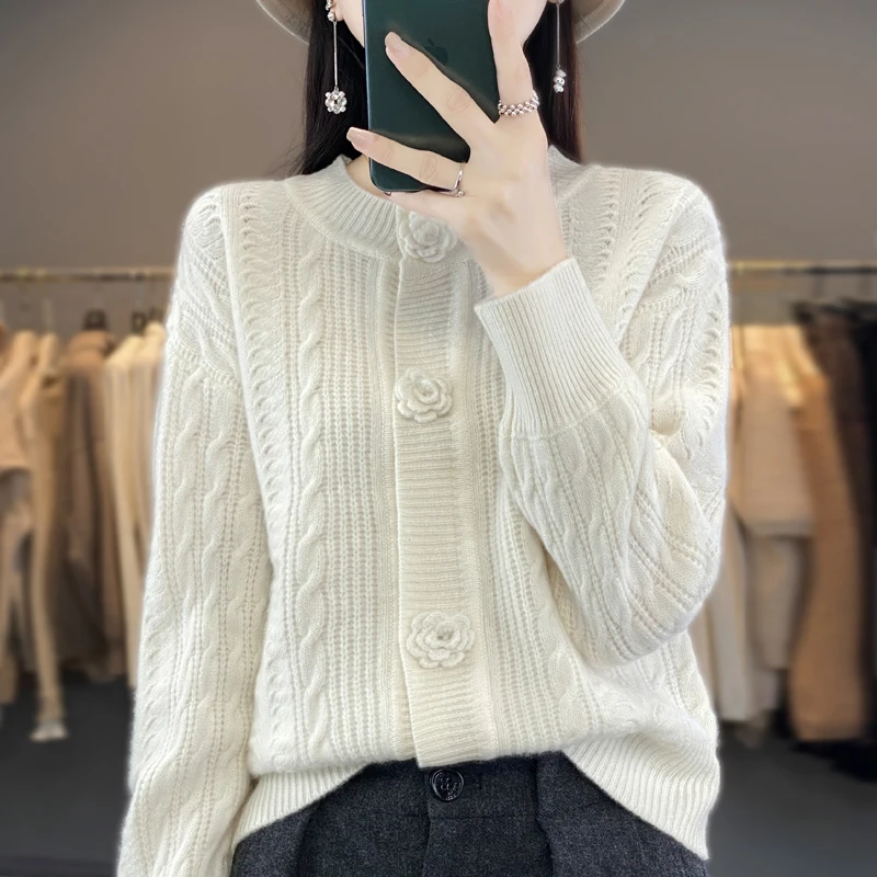 

100% Australian Wool Cardigan for Women, O-Neck Sweater, Comfortable, Short, Solid Color, Knitted, Autumn and Winter