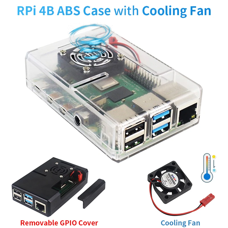 Carcasa de plástico ABS para Raspberry Pi 4 Modelo B, cubierta de GPIO extraíble con ventilador de refrigeración para Raspberry Pi 4B