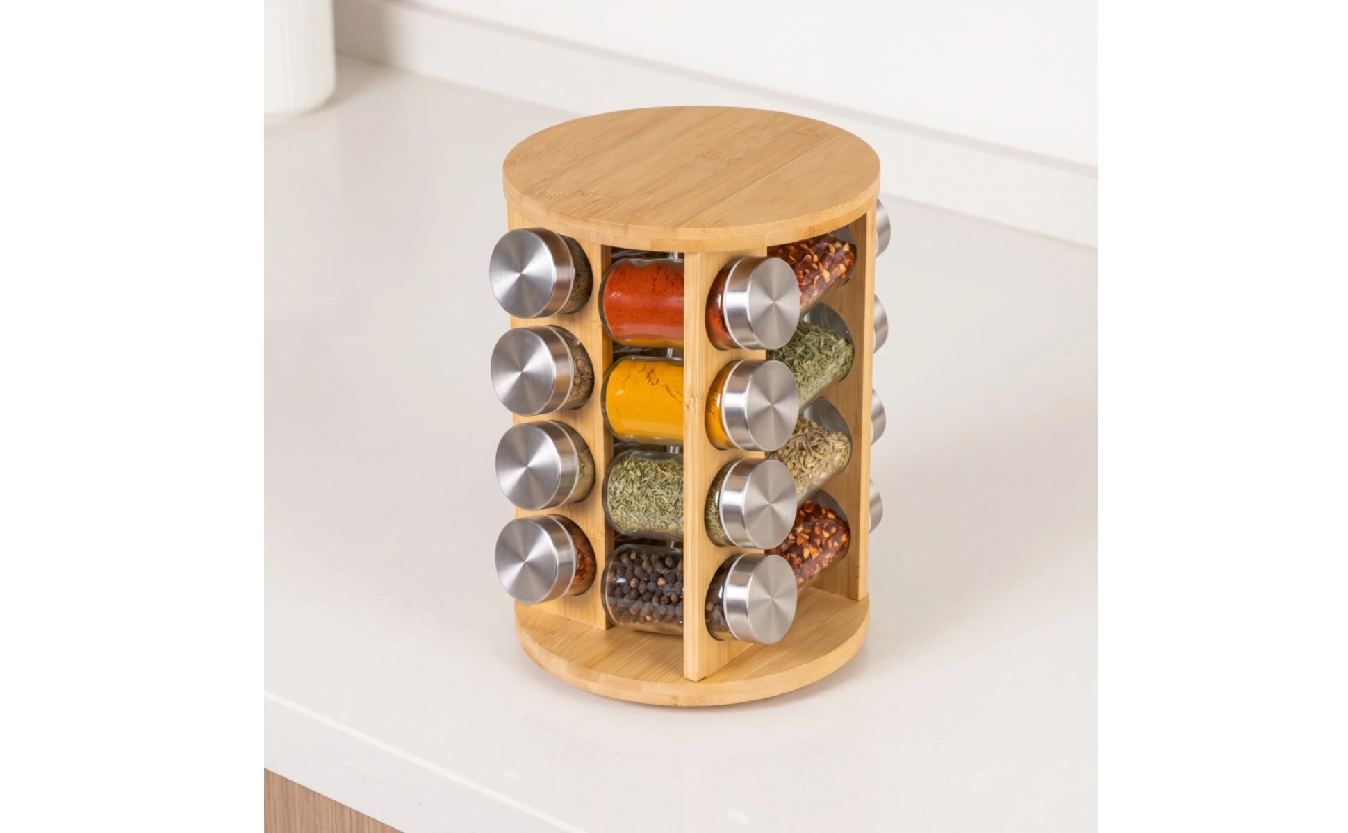 Bamboo Seasoning Rack with Glass Jars Countertop Seasoning Rack with Jars Seasoning Bottle Set Revolving Rotating for Cooks