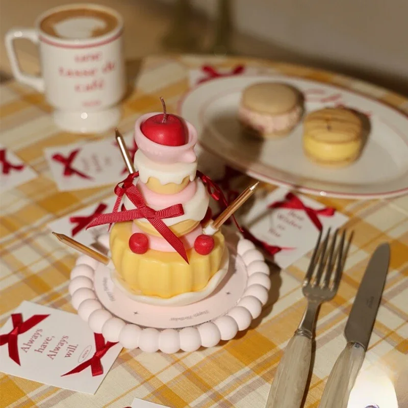 Wishing Cake Series Girl Red Ribbon Bow Stacked Wax Scented Candle Gift Box Niche Gifts
