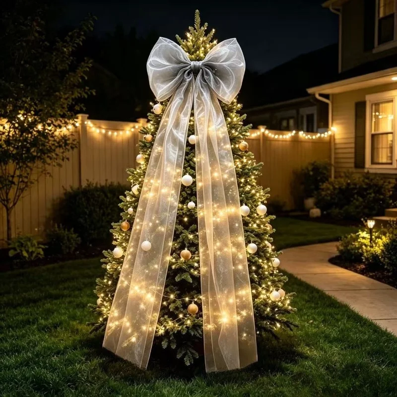 Handmade Multi-Layer Organza Giant Bow, 190cm Minimalist White Beige Grey Extra Large Christmas Tree Topper Bow, Festive Xmas Ha