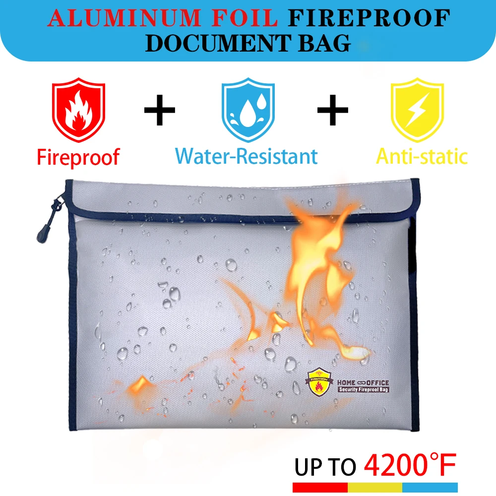 Fireproof Document Bag, Water Resistant File Organiser,File Storage Case with Zipper & Hook&Loop Silicone Coated Glass Fiber