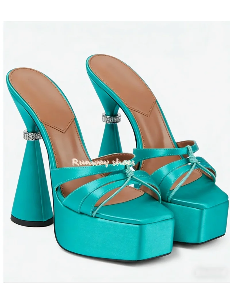 Square Head Open Toes Unconventional High Heels Slip-on Slippers Waterproof Platform Metal ring Decoration Luxury Women's Shoes