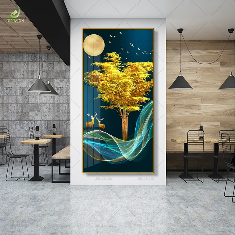 Golden Leaf and Deer Pattern Entrance Background Gold Frame Crystal Porcelain Mural Home Decoration LED Wall Art