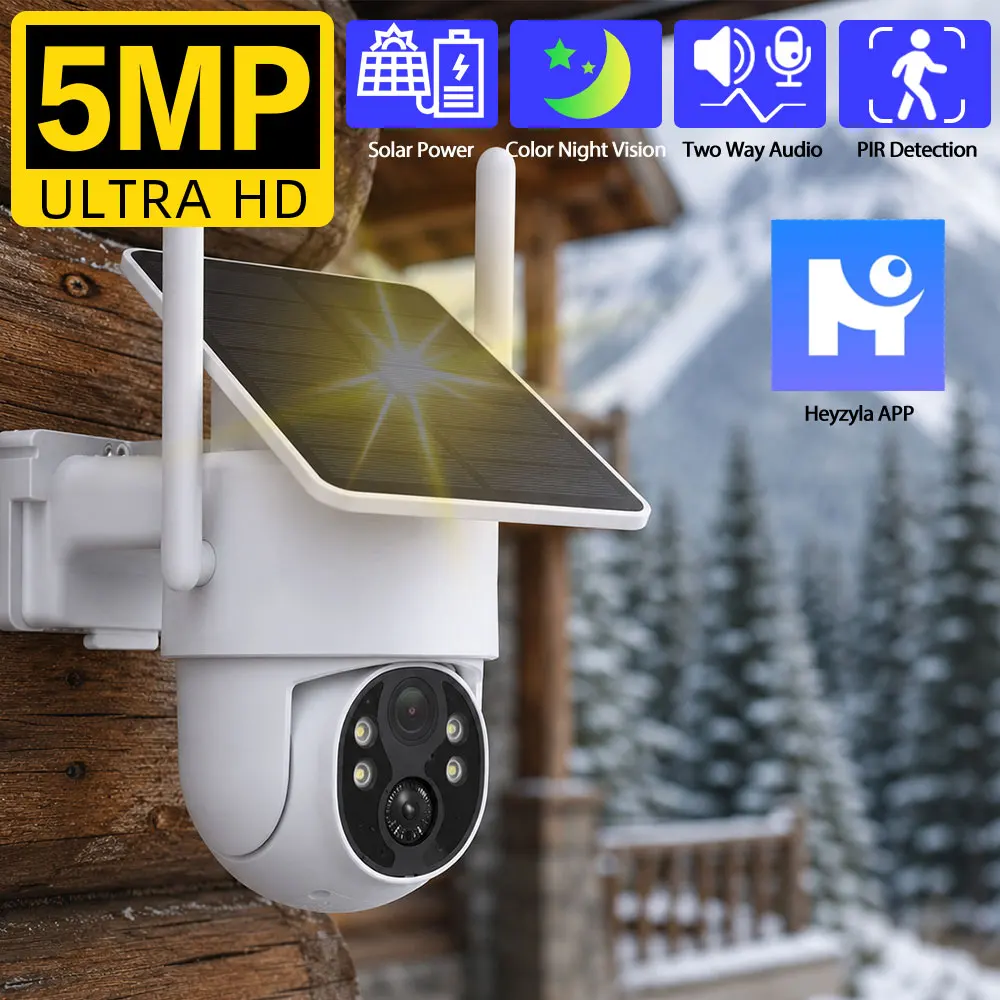 5MP Solar Outdoor Camera with 2 Way Audio Rechargeable Battery and PIR Human Detection PTZ Wireless WiFi Full Color Night Vision