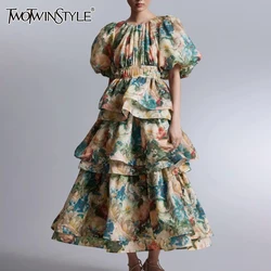 TWOTWINSTYLE Hit Printing Dresses For Women Round Neck Puff Sleeve High Waist Loose A Line Vintage Dress Female Fashion Clothing