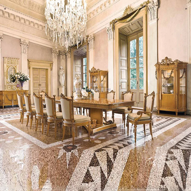 

Birch carved long dining table, Italian villa restaurant, 12-seater long dining table, hand-painted dining table