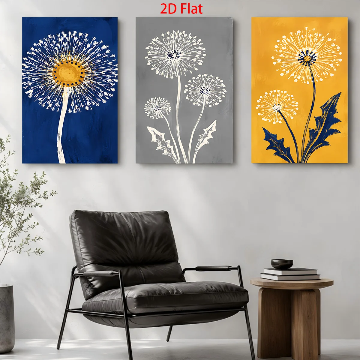 3 Pieces 2D Flat- Three 2D flat paintings of dandelions in blue gray yellow Themed Canvas Wall Art, Waterproof Canvas Prints
