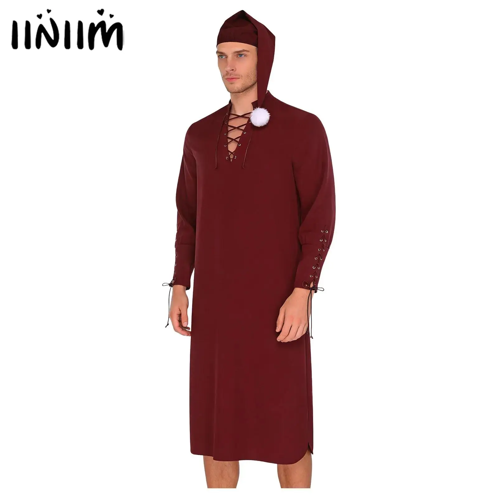 

Мужское кимоно, пижама, винтажное спальное платье эпохи Возрождения, со шнуровкой на шее и манжетами, свободный халат с длинными рукавами и шляпой с помпоном