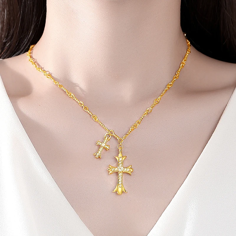 JINSE Charm Gold Color Cross Necklace Cubic Zirconia Fashion CZ Punk Pendant Necklaces for Men Women Birthday Gifts